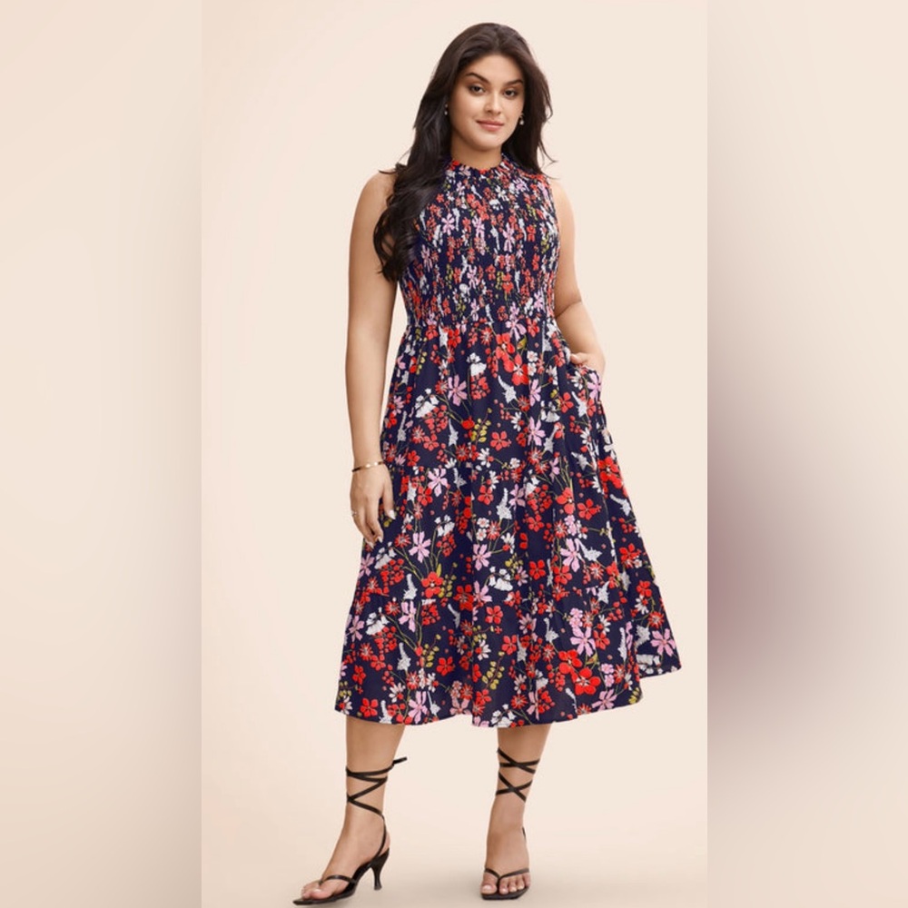 BloomChic Floral Midi Dress - Navy and Red